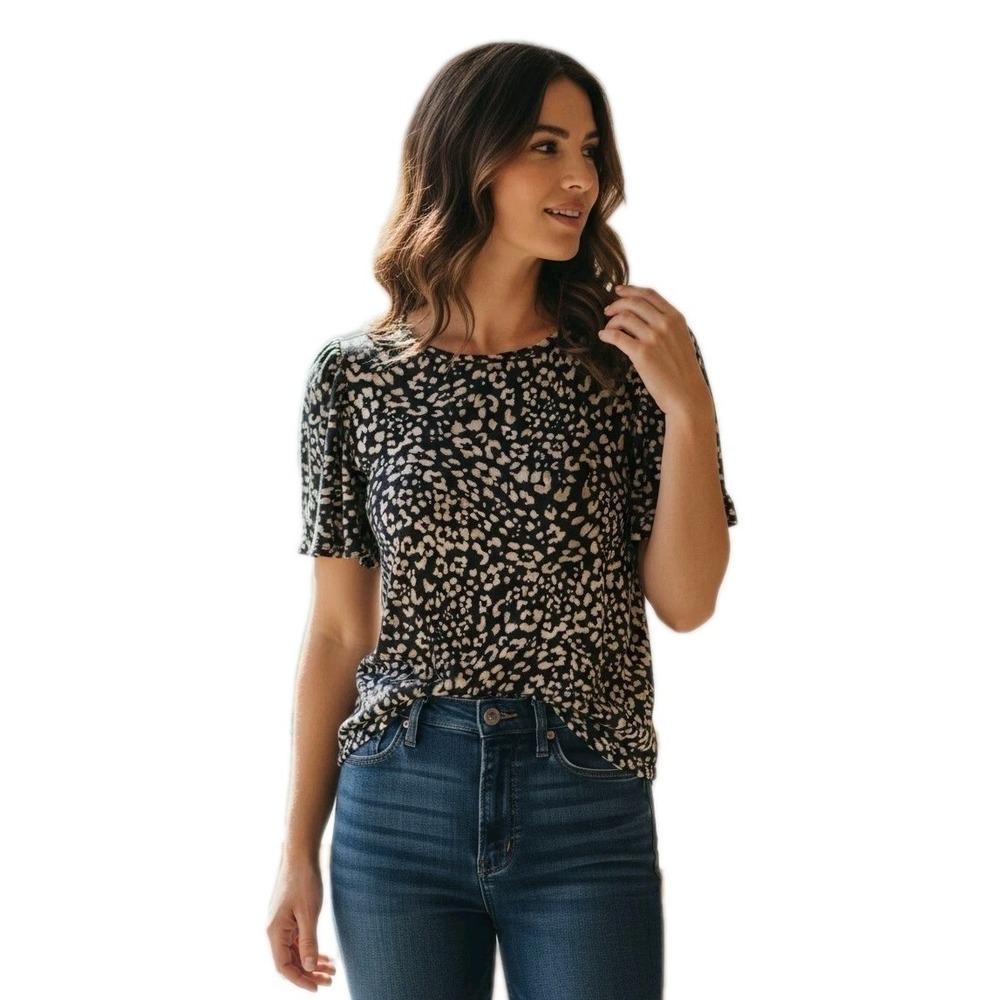 Tommy Bahama 100% Linen Leopard Animal Print Top Flutter Puff Sleeve Boho Chic M